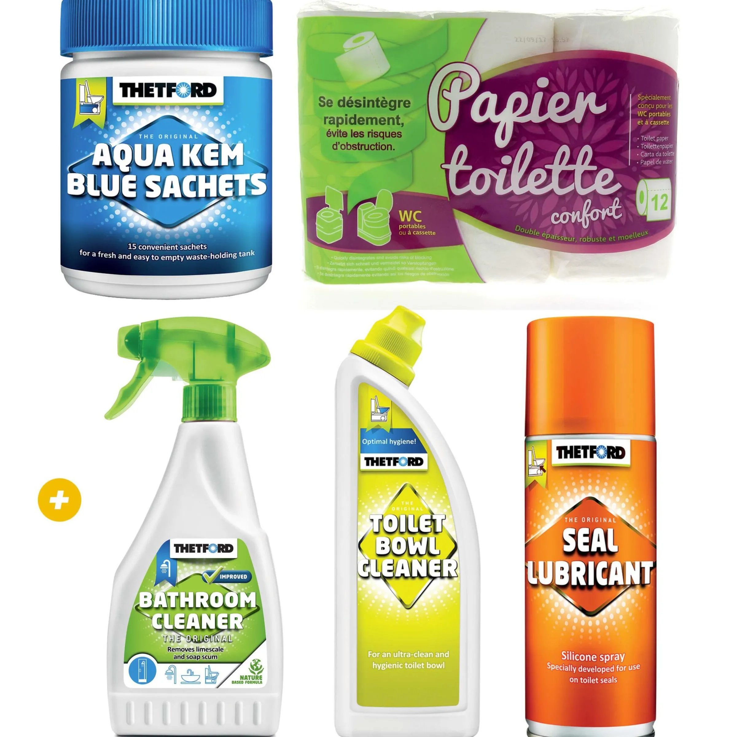 Aqua-Kem + Papier toilette +Nettoyant salle de bains+ Nettoyant pour cuvette de toilettes +Spray lubrifiant