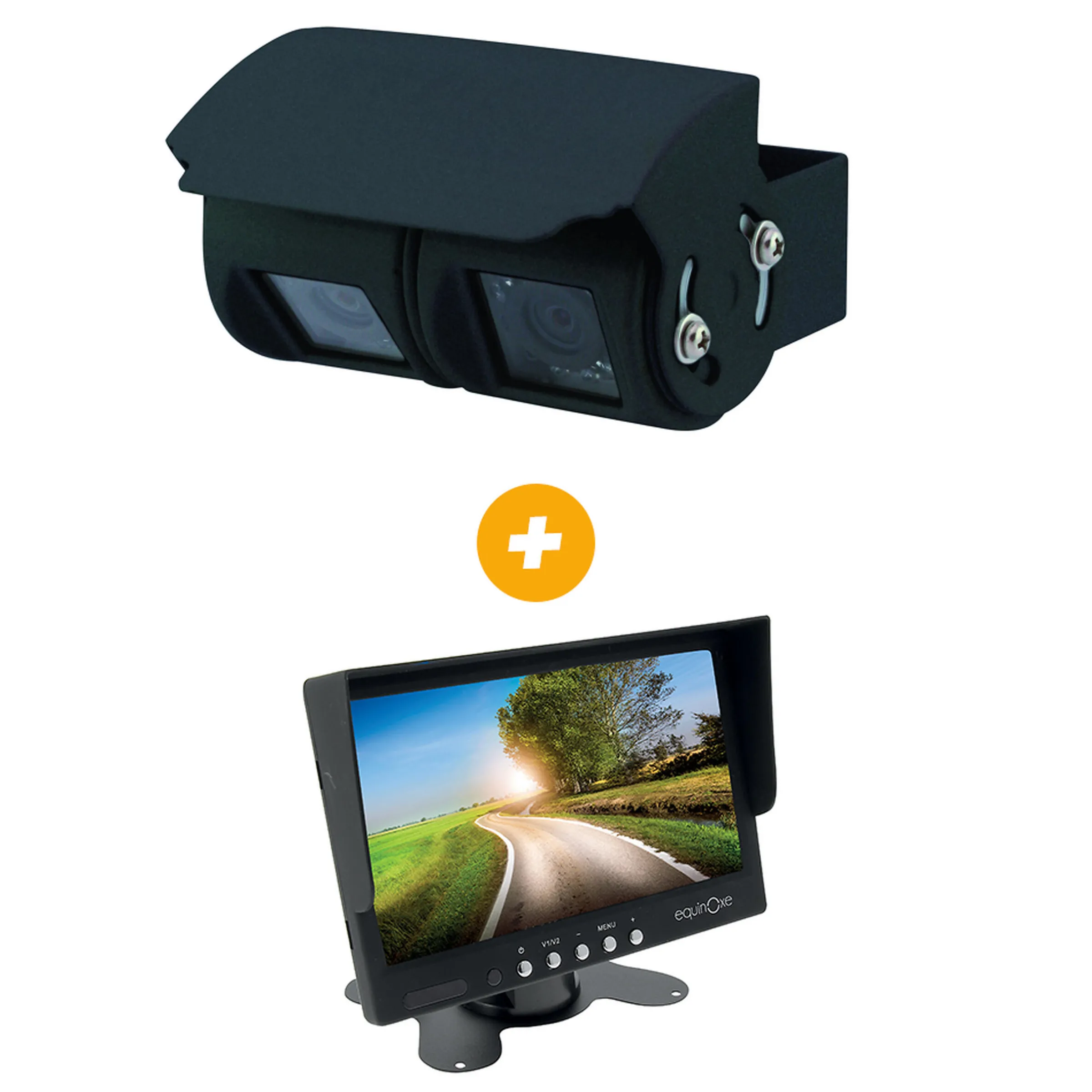 Ecran pour caméra de recul, 2 entrées + Caméra de recul filaire Double optique noire