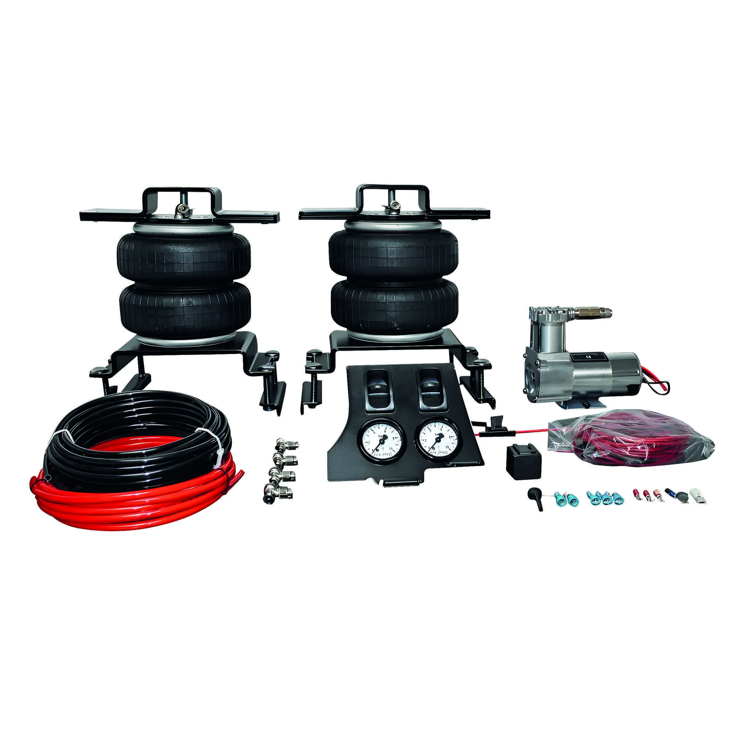 Kit renfort pneumatique 7 pouces avec 2 coussins + fixations + compresseur + panneau de commande, double manomètre + 2 interrupteurs à droite du volant