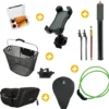 Kit réparation pour vélo +Pompe à vélo compacte +Panier avant pour vélo +Support téléphone pour vélo +Sacoche de selle vélo +Couvre selle vélo Taille L +Antivol à code 1,50 m