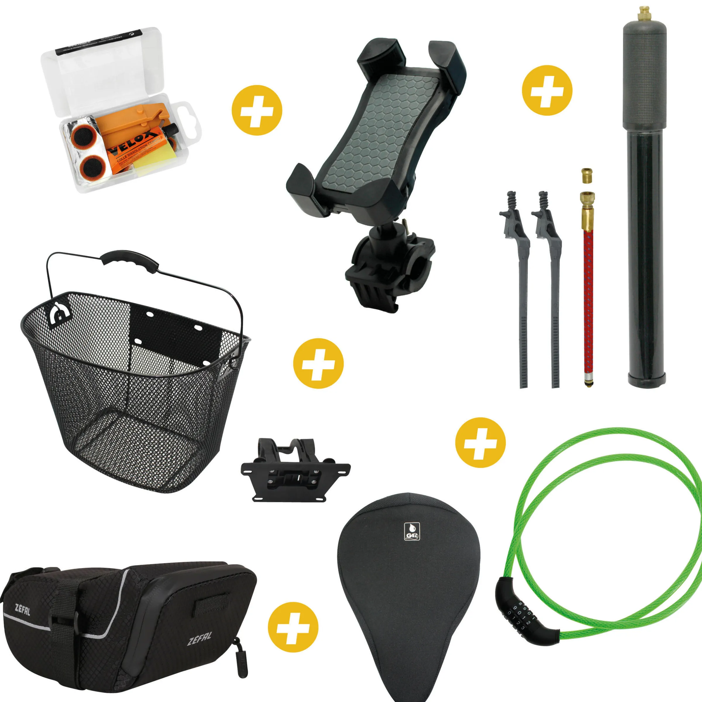 Kit réparation pour vélo +Pompe à vélo compacte +Panier avant pour vélo +Support téléphone pour vélo +Sacoche de selle vélo +Couvre selle vélo Taille L +Antivol à code 1,50 m