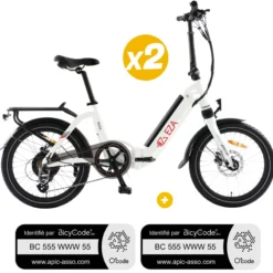 Pack 2 Vélos à assistance électrique Confort Plus 20"P - 14Amp Vélo à assistance électrique pliant Blanc Confort Plus + Marquage BicyCode