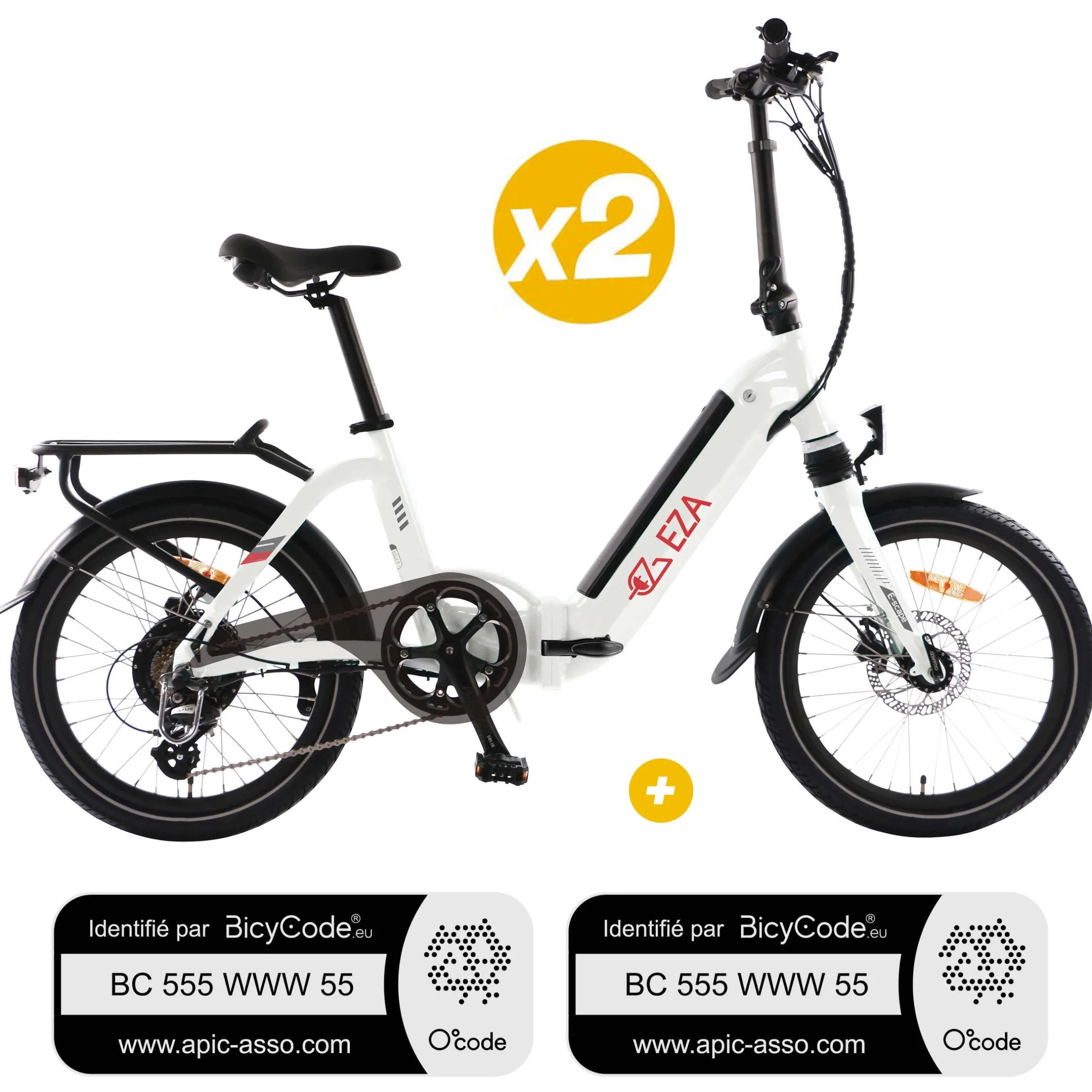 Pack 2 Vélos à assistance électrique Confort Plus 20"P - 14Amp Vélo à assistance électrique pliant Blanc Confort Plus + Marquage BicyCode
