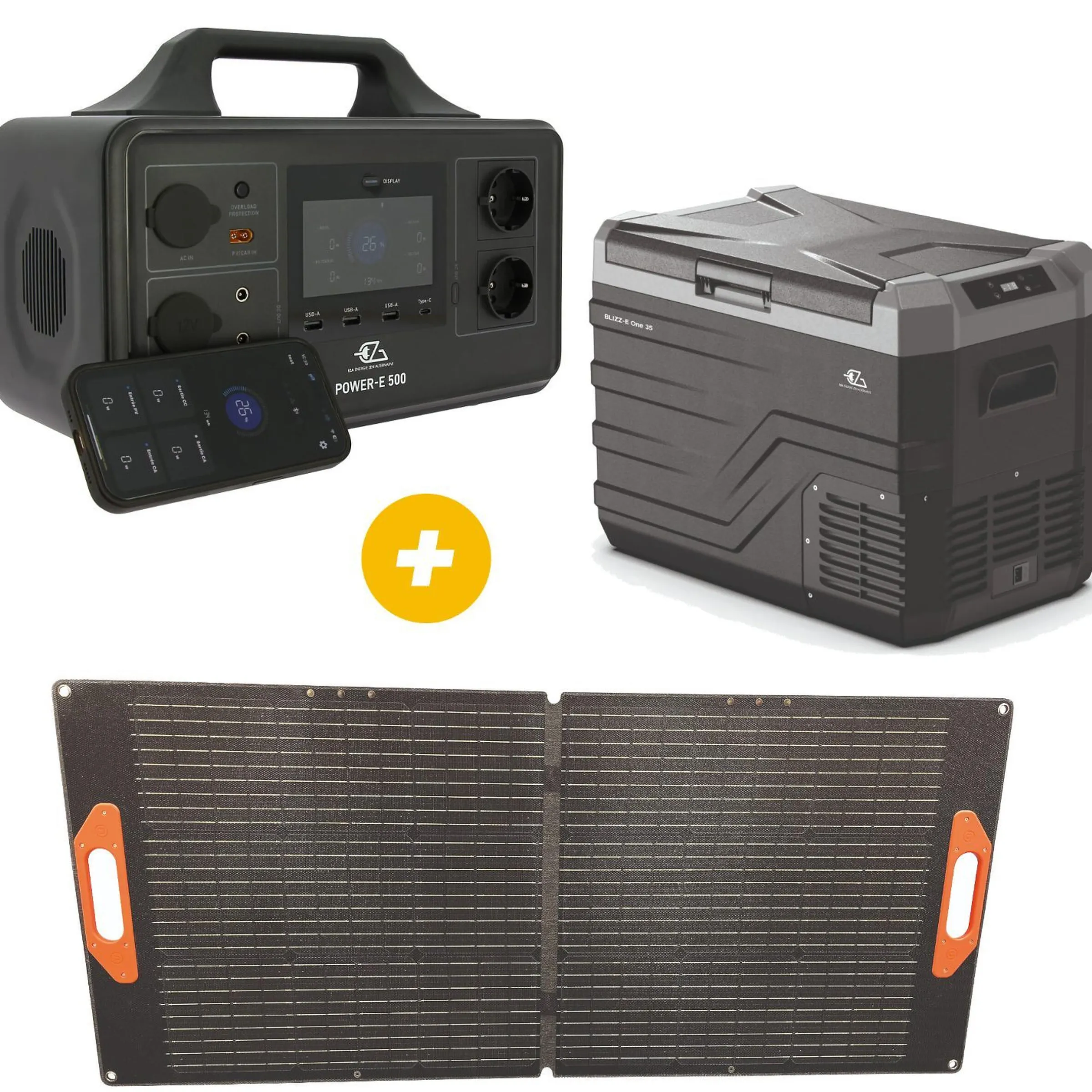 Power Station Power-E 500 + Glacière à compression 35 l grise + PANNEAU SOLAIRE VALISE 100W
